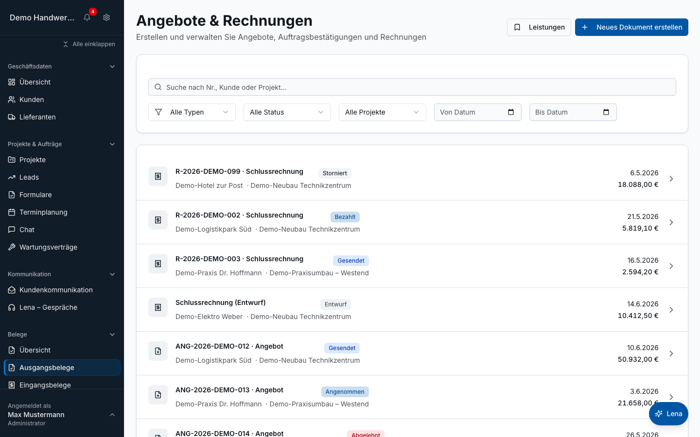 Angebote & Rechnungen in Bleno – Produktansicht