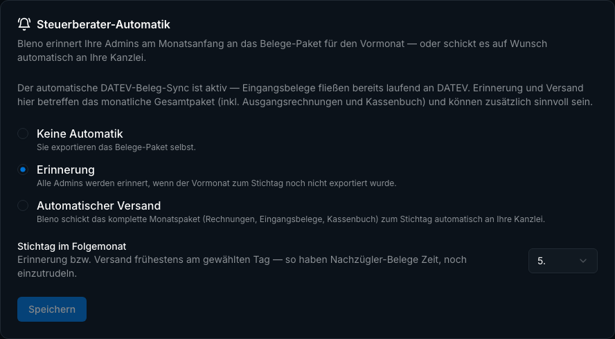 Buchhaltung & Steuerberater in Bleno: Automatischer Versand und Erinnerung