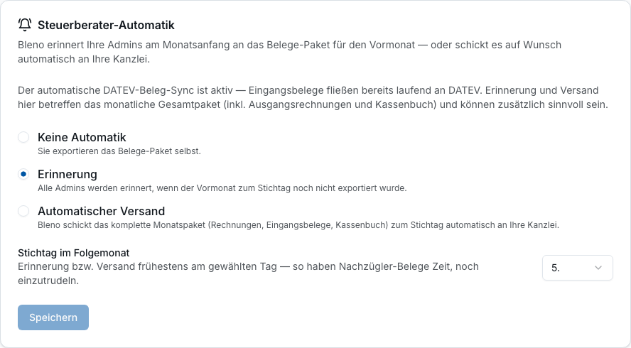Buchhaltung & Steuerberater in Bleno: Automatischer Versand und Erinnerung