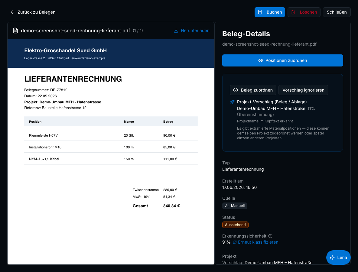 Eingangsbelege in Bleno: Projektzuordnung
