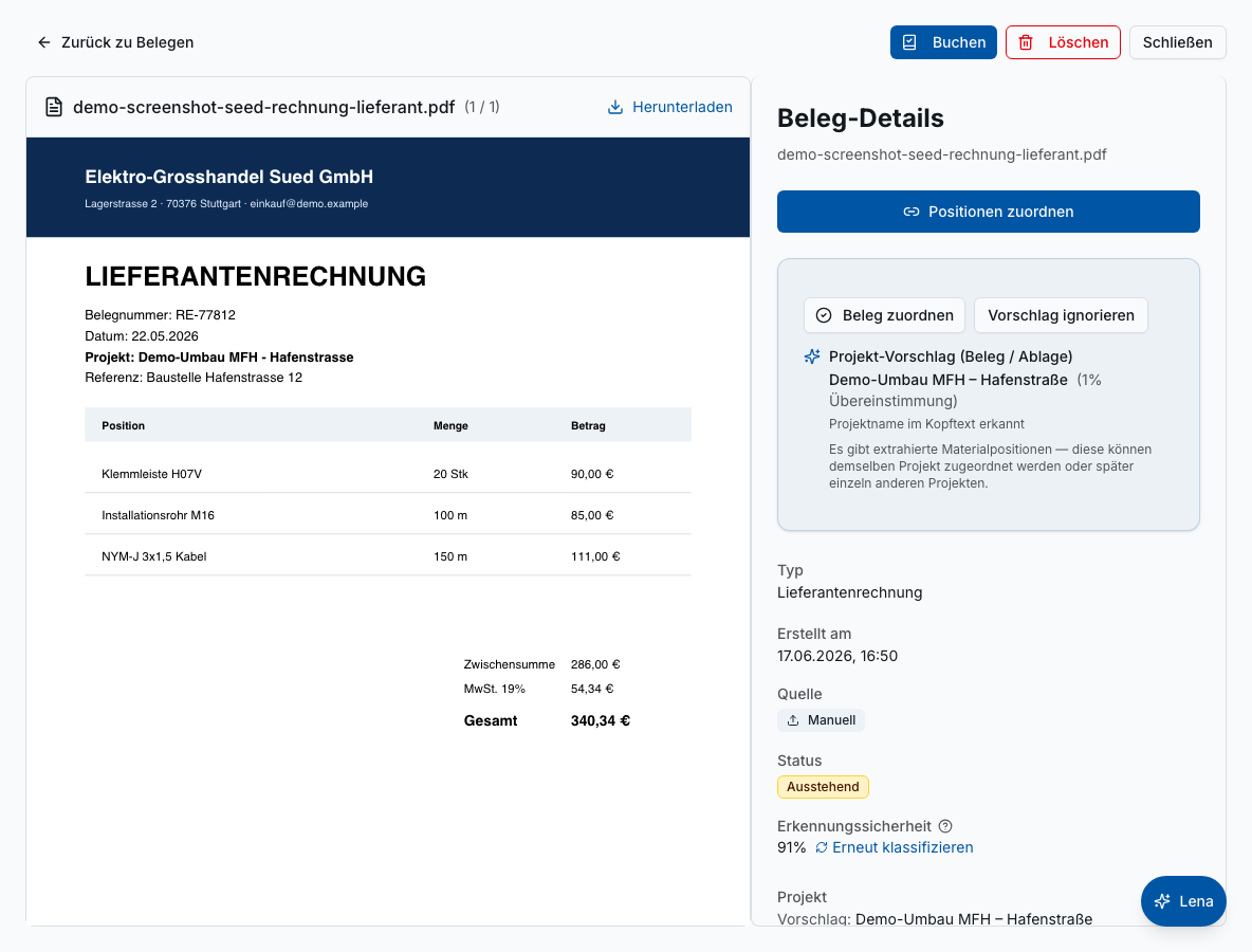 Eingangsbelege in Bleno: Projektzuordnung