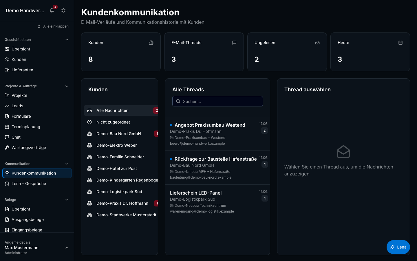 E-Mail-Integration in Bleno – Produktansicht