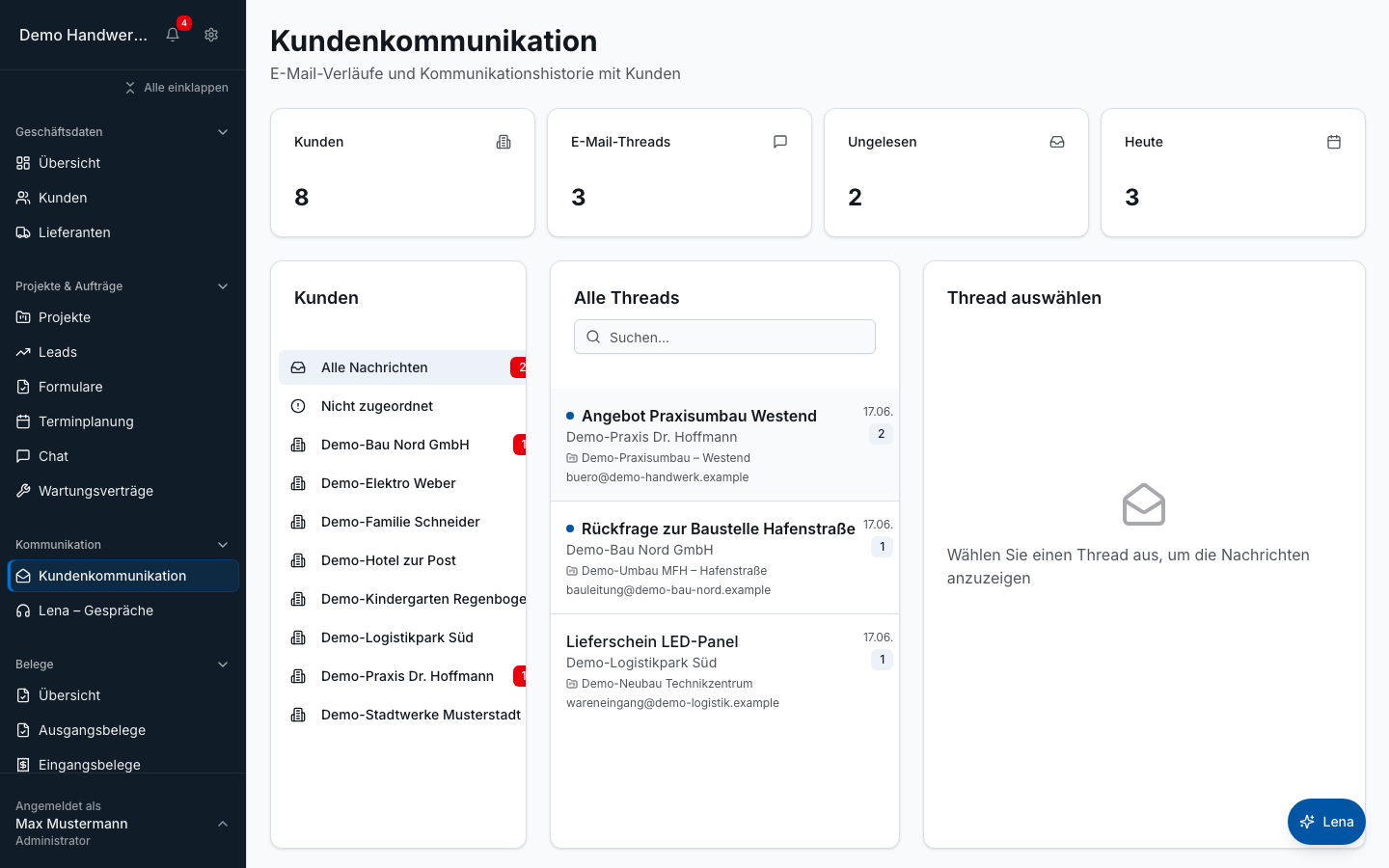 E-Mail-Integration in Bleno – Produktansicht