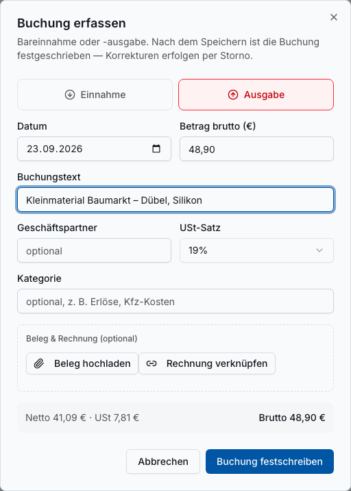 Kassenbuch in Bleno: Beleg fotografieren, KI füllt aus