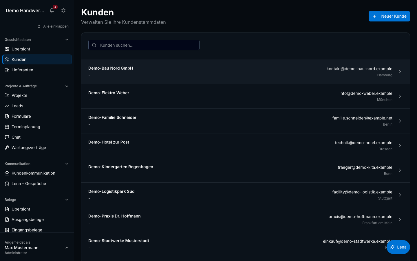 Kundenverwaltung in Bleno – Produktansicht