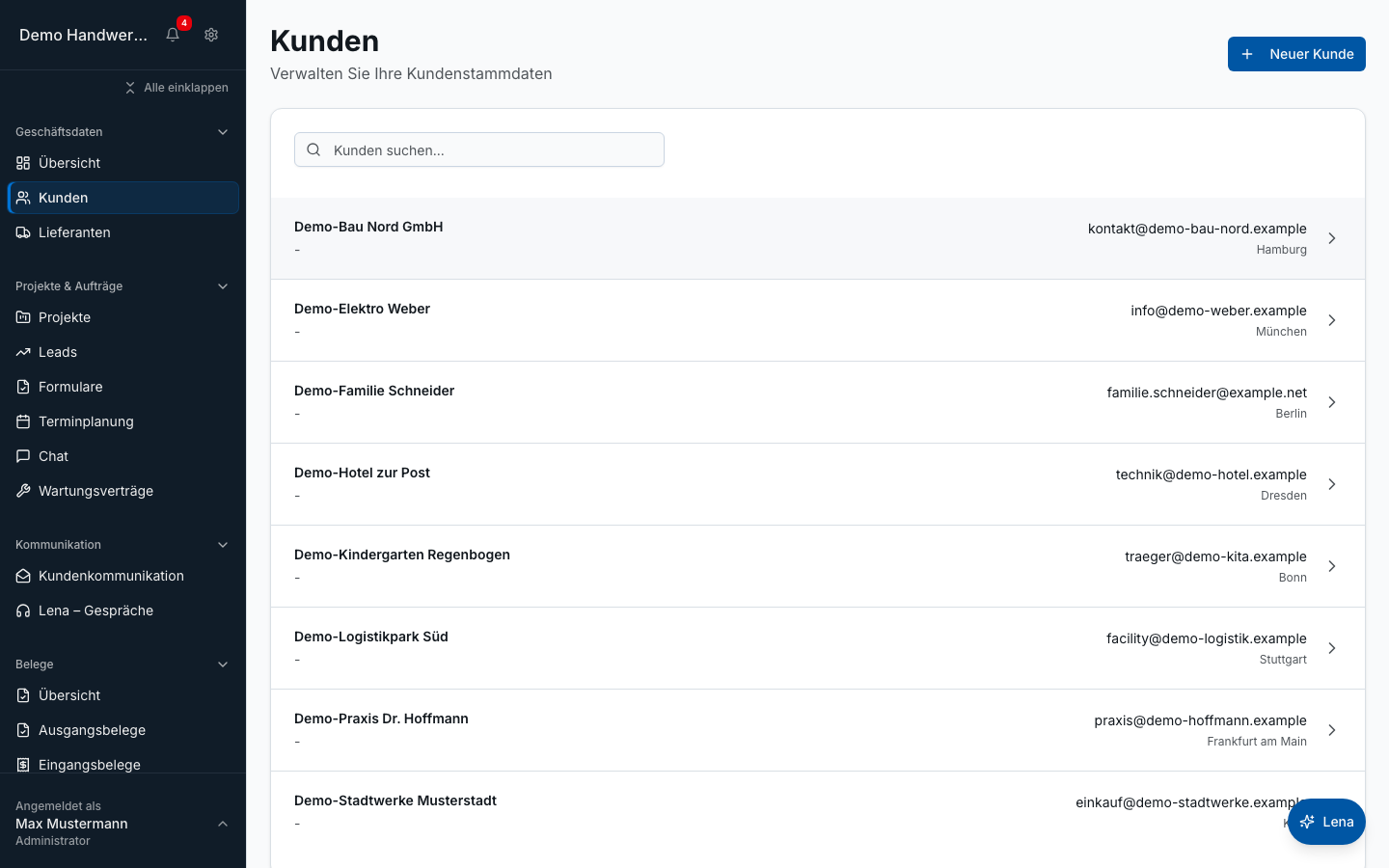 Kundenverwaltung in Bleno – Produktansicht