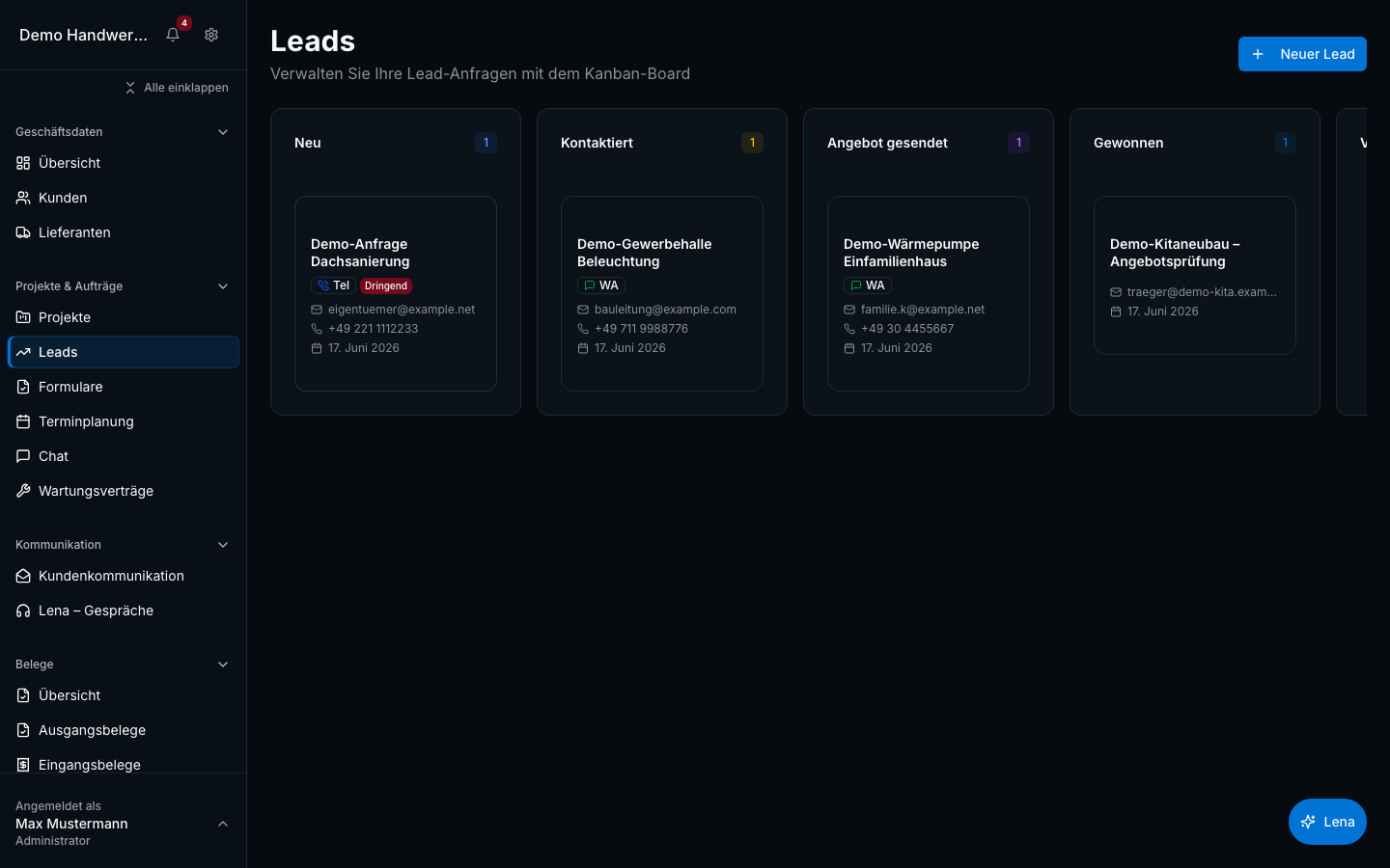 Leads & Anfragen in Bleno – Produktansicht
