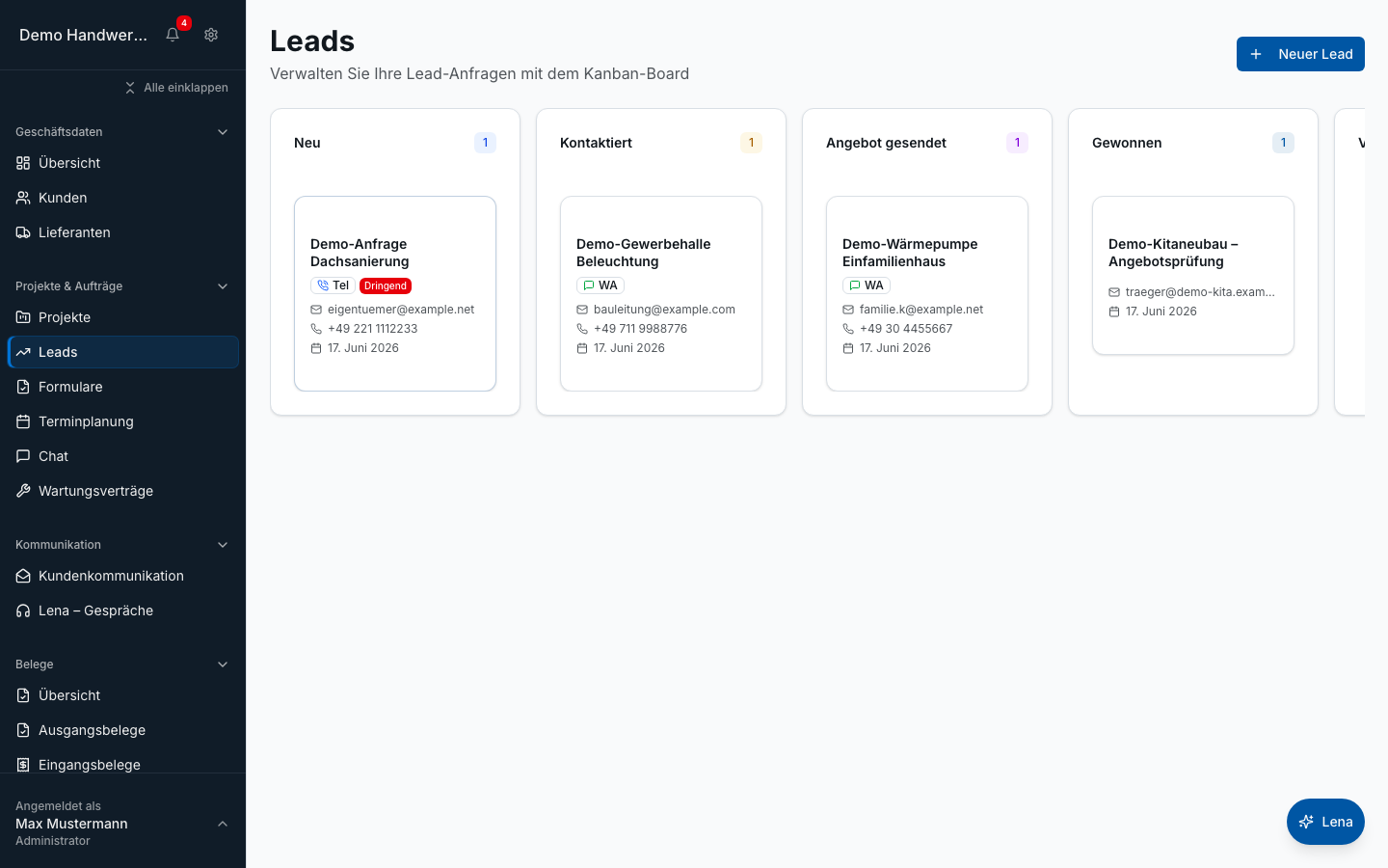 Leads & Anfragen in Bleno – Produktansicht