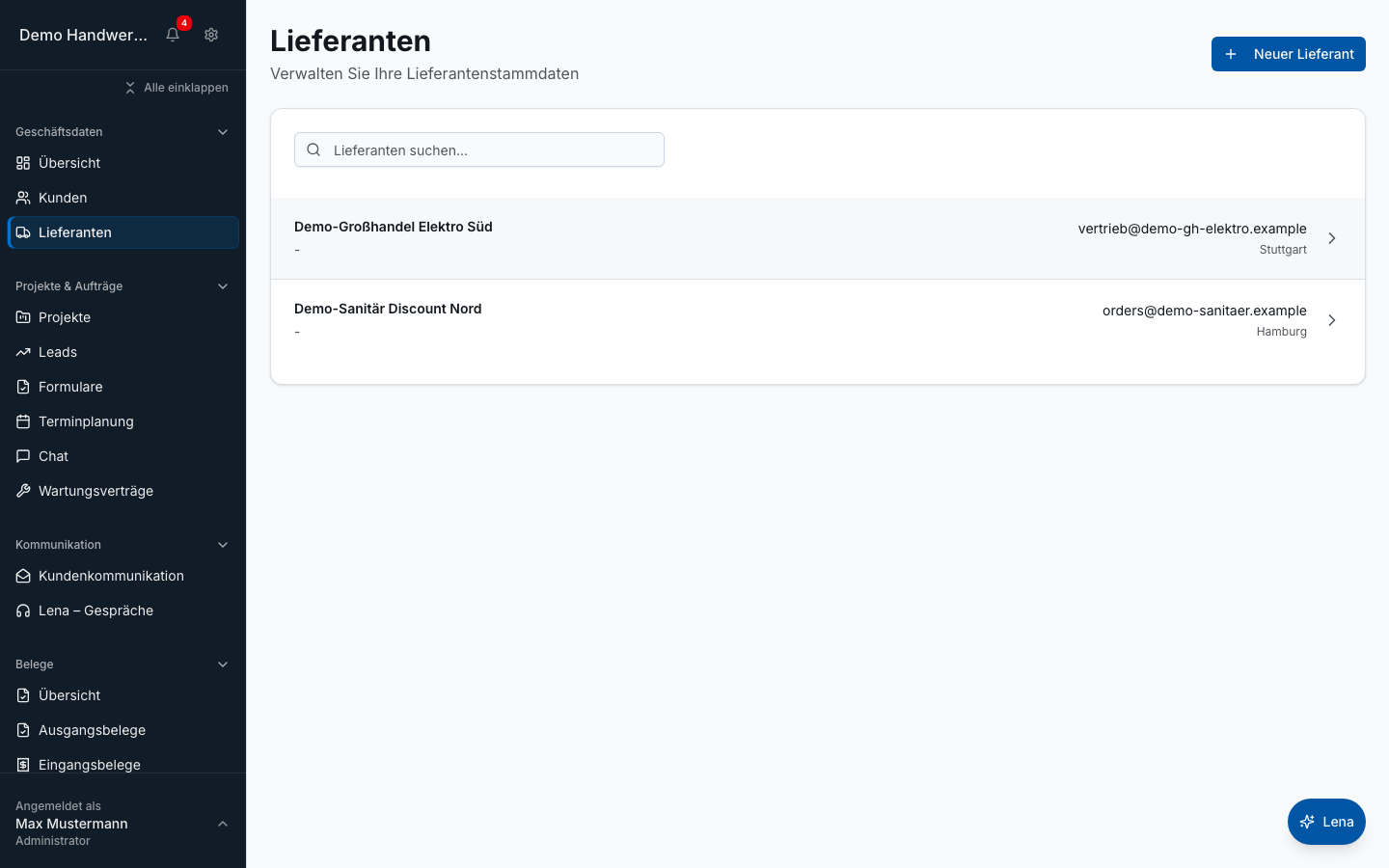 Lieferantenverwaltung in Bleno – Produktansicht