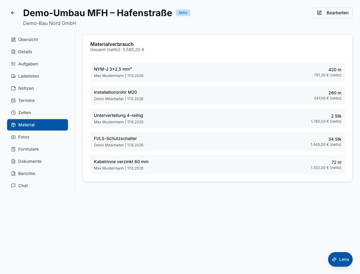 Materialverwaltung in Bleno – Produktansicht