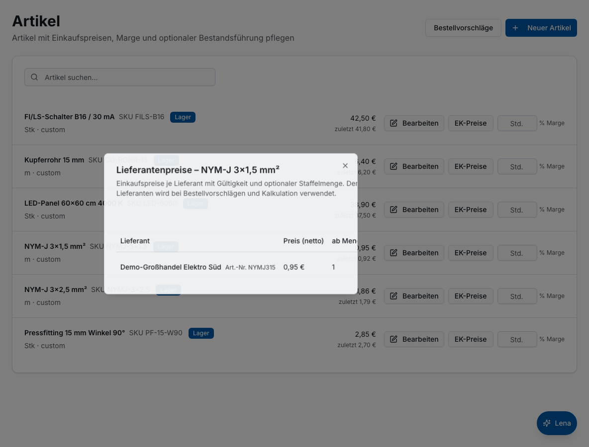 Materialverwaltung in Bleno: Stammdaten & Preise