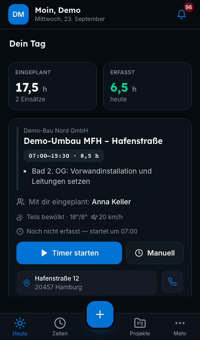 Bleno-App auf dem Smartphone – Tagesplan eines Mitarbeiters
