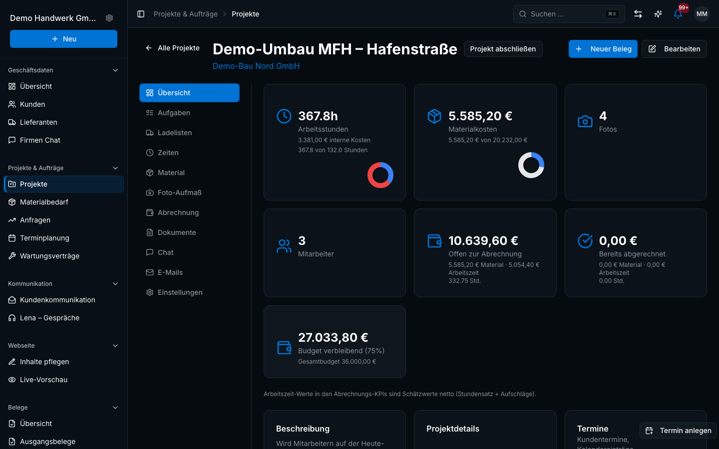 Projektverwaltung in Bleno – Produktansicht