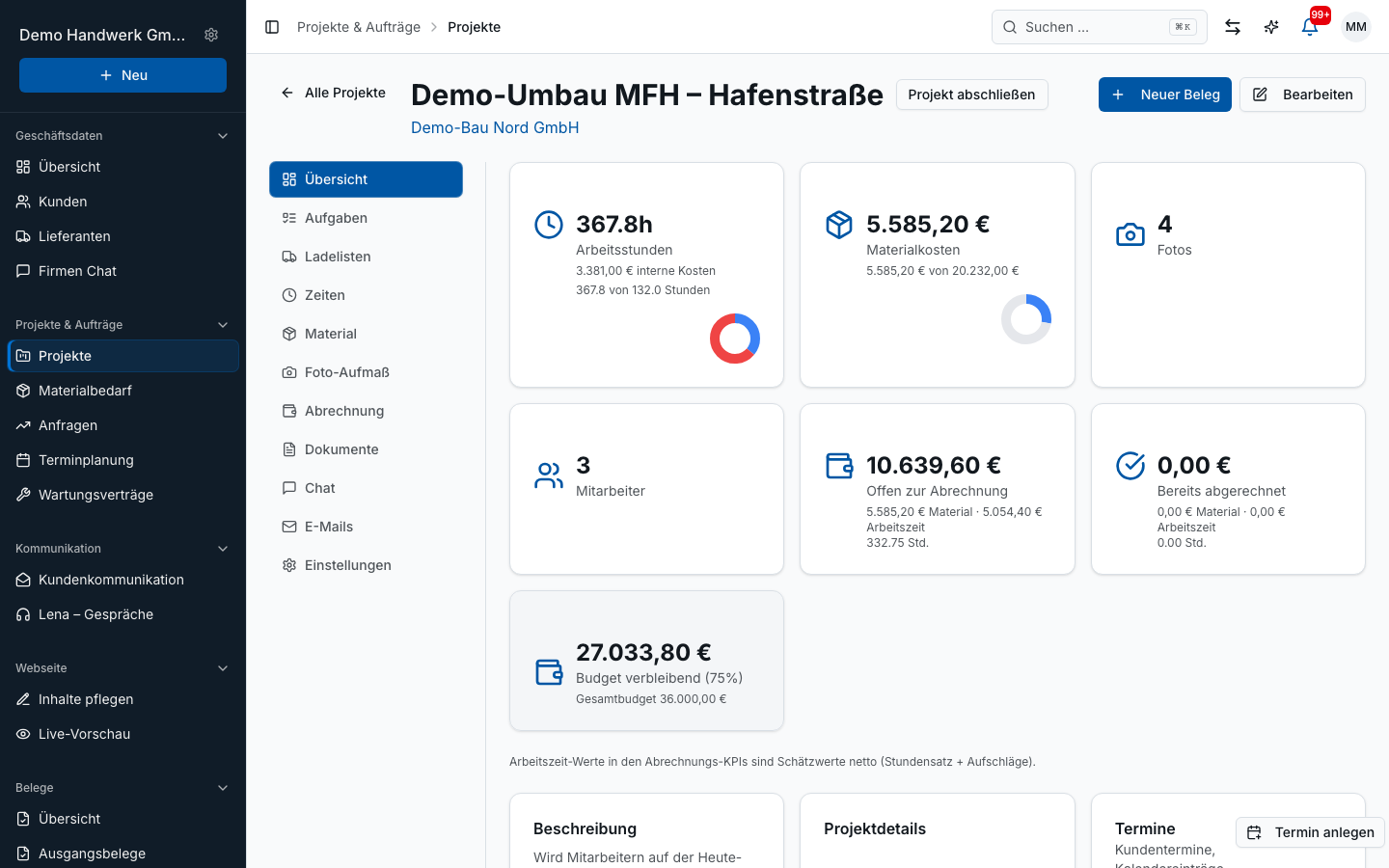 Projektverwaltung in Bleno – Produktansicht