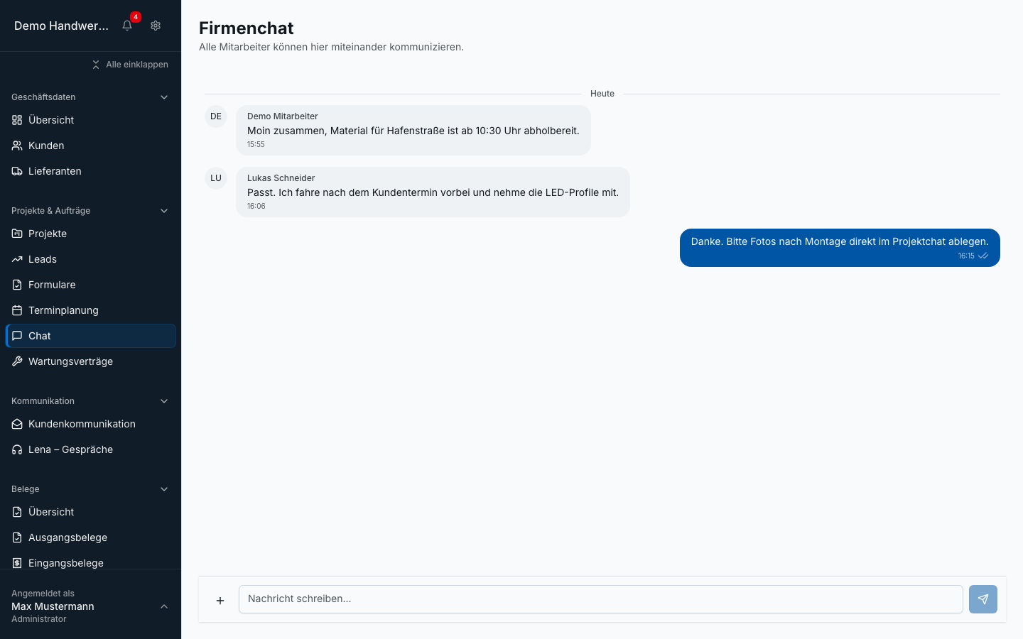 Team-Chat in Bleno – Produktansicht