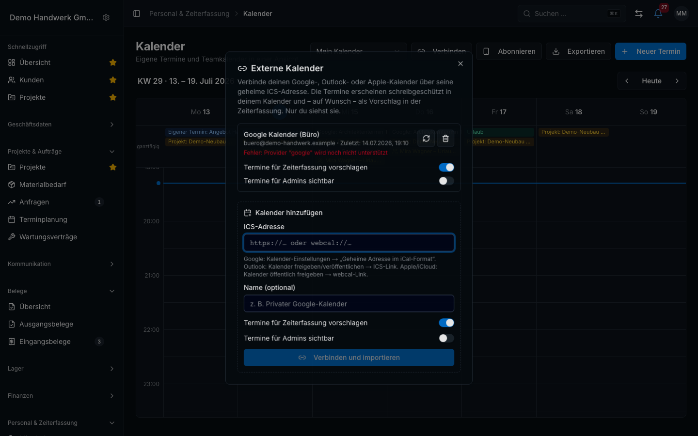 Teamplanung in Bleno: Externe Kalender & persönlicher Kalender