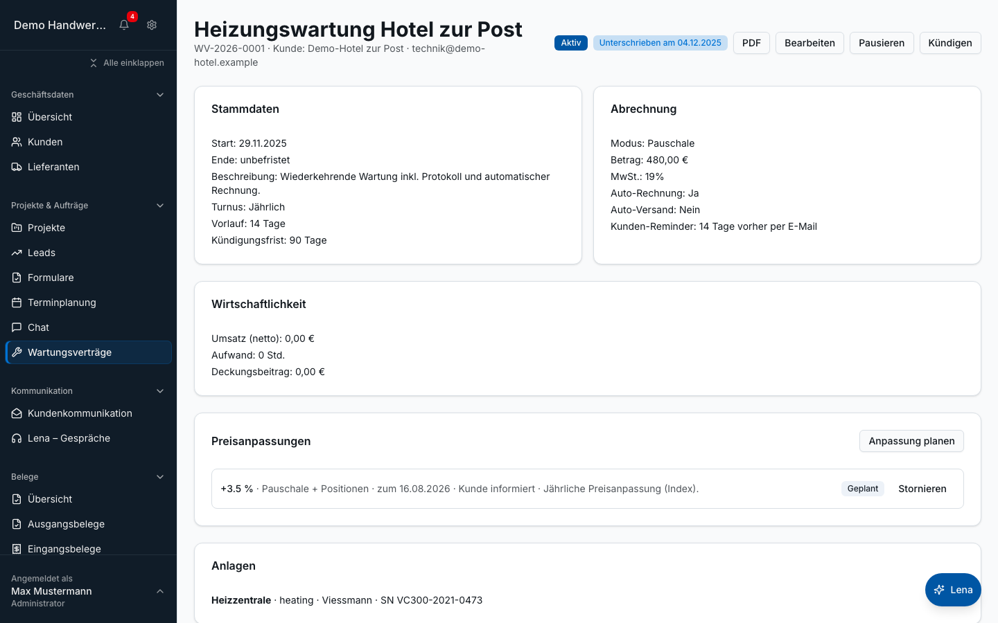 Wartungsverträge in Bleno: Wiederkehrende Wartungen automatisch planen