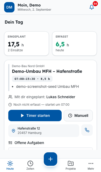 Bleno Mitarbeiter-App: Ansicht „Mein Tag“